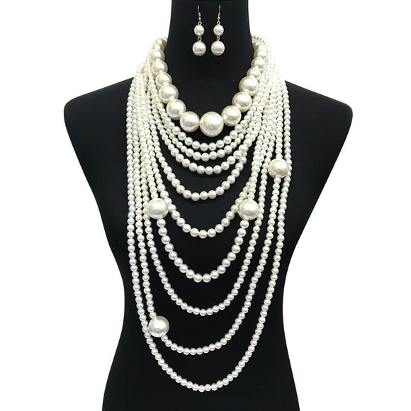 Cream Multi Layer Chunky Long Pearl Beaded Necklace with Earrings ( 087 )