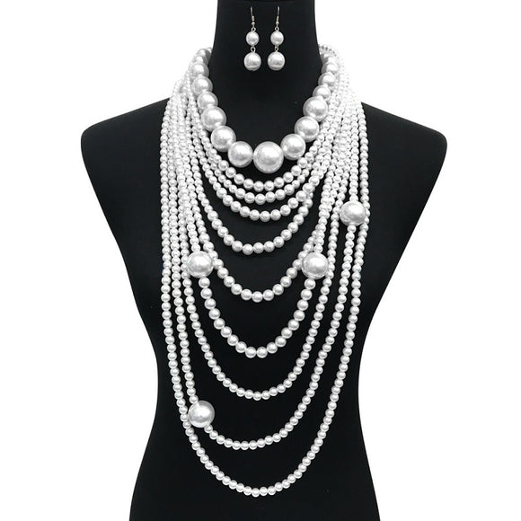 White Multi Layer Chunky Long Pearl Beaded Necklace with Earrings ( 087 )