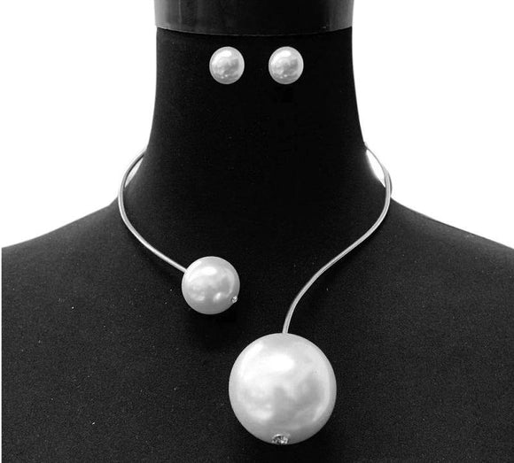White Pearl Ball on Silver Choker Fashion Necklace with Stud Earrings ( 119 RWH ) - Ohmyjewelry.com