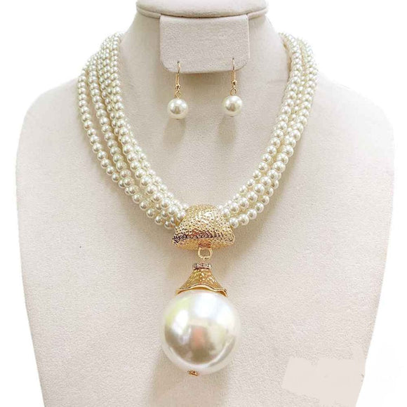 Multi Layer Cream Pearl Necklace with Large Cream Pearl Ball and Gold Accents ( 124 )