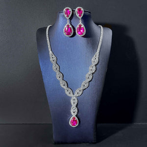 SILVER NECKLACE SET CLEAR FUCHSIA STONES ( 0037 SFU )