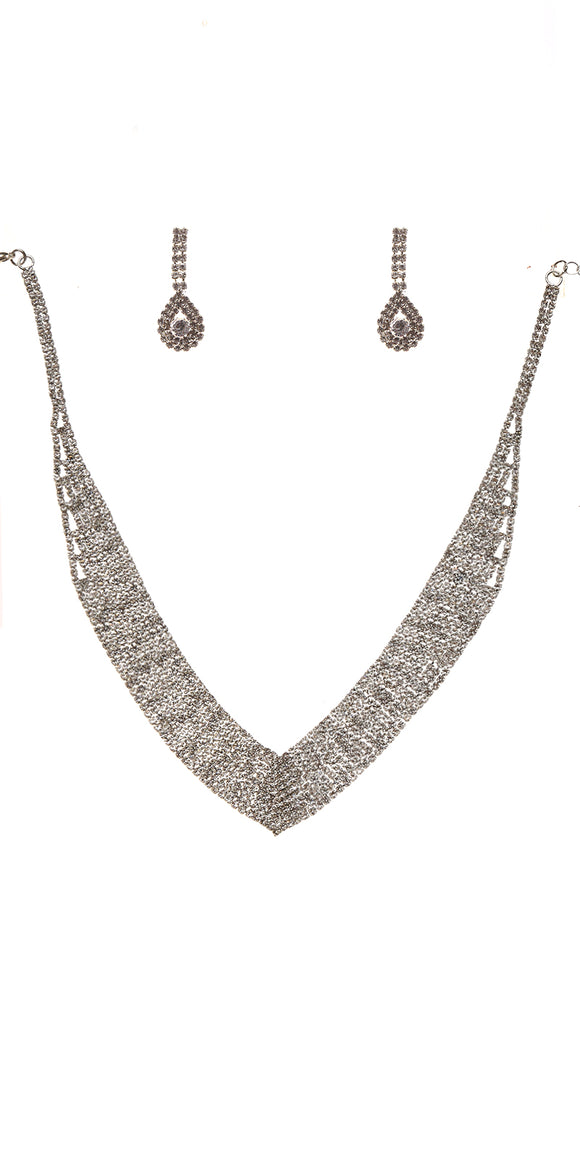 SILVER NECKLACE SET CLEAR STONES ( 22125 CLSV )