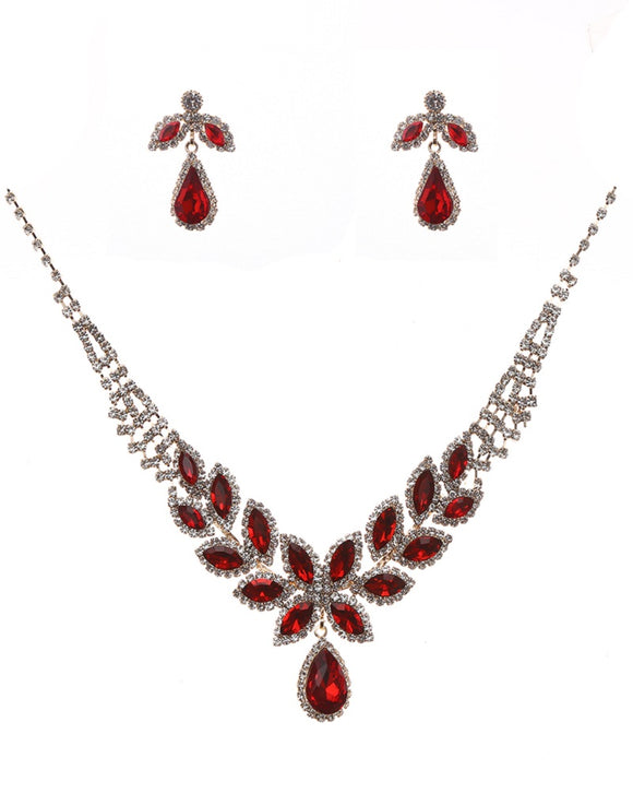 SILVER NECKLACE SET CLEAR RED STONES ( 20374 CLSISV )