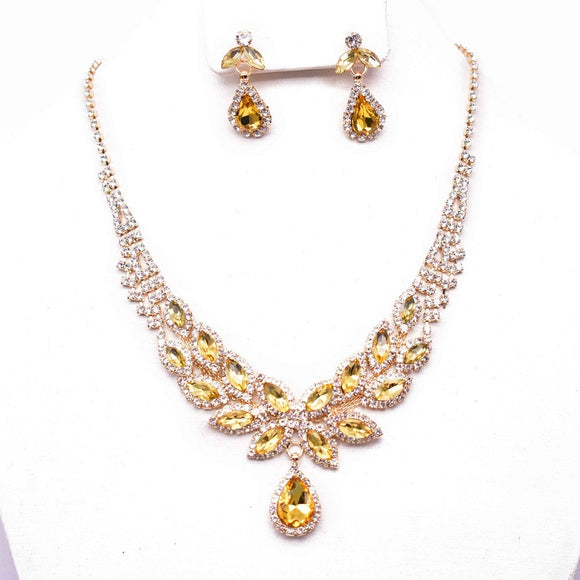 GOLD NECKLACE SET CLEAR YELLOW STONES ( 12048 GYE )