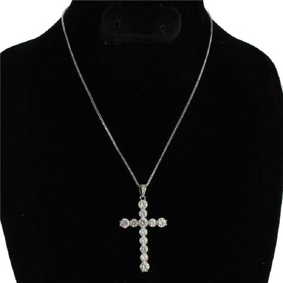 Silver Cubic Zirconia Cross Charm Necklace ( 0018 3C ) - Ohmyjewelry.com