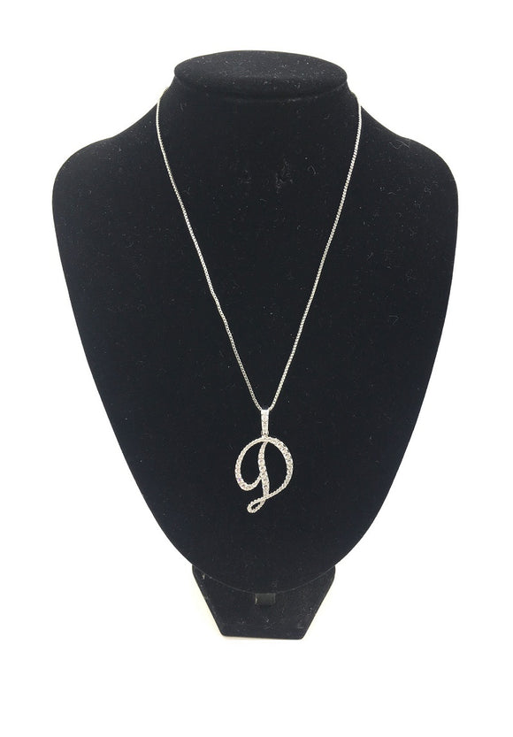 SILVER NECKLACE WITH CURSIVE D PENDANT WITH CLEAR CUBIC ZIRCONIA ( 0025 3C D )