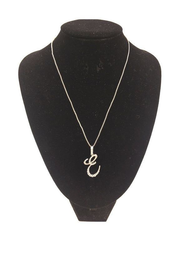 SILVER NECKLACE WITH CURSIVE E PENDANT WITH CLEAR CUBIC ZIRCONIA ( 0025 3C E )