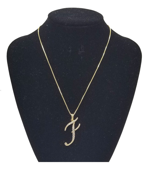 GOLD NECKLACE WITH CURSIVE F PENDANT WITH CLEAR CUBIC ZIRCONIA ( 0025 F)