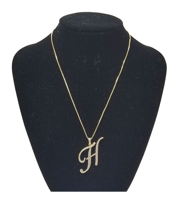GOLD NECKLACE WITH CURSIVE H PENDANT WITH CLEAR CUBIC ZIRCONIA ( 0025 H)