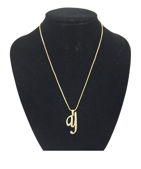 GOLD NECKLACE WITH CURSIVE Y PENDANT WITH CLEAR CUBIC ZIRCONIA ( 0025 Y)