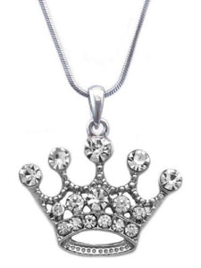 Rhodium Plated Clear Rhinestone Crown Charm Necklace ( 2195 ) - Ohmyjewelry.com