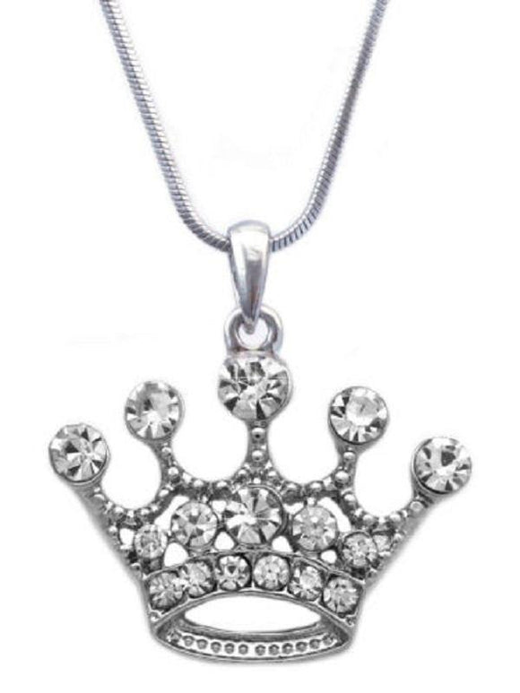 Rhodium Plated Clear Rhinestone Crown Charm Necklace ( 2195 ) - Ohmyjewelry.com