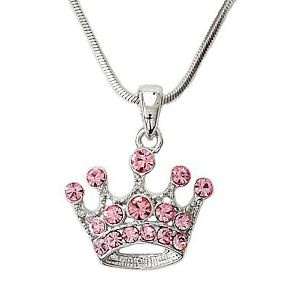 Rhodium Plated Pink Rhinestone Crown Charm Necklace ( N 36041-PK )