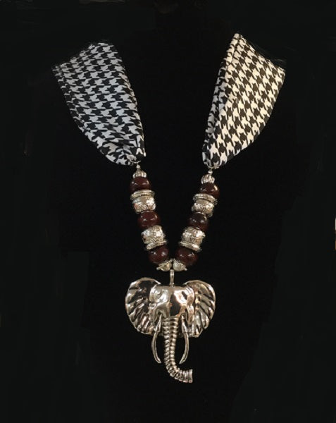 Houndstooth Fabric Material Necklace with Burgundy Red Beads and Silver Elephant Head