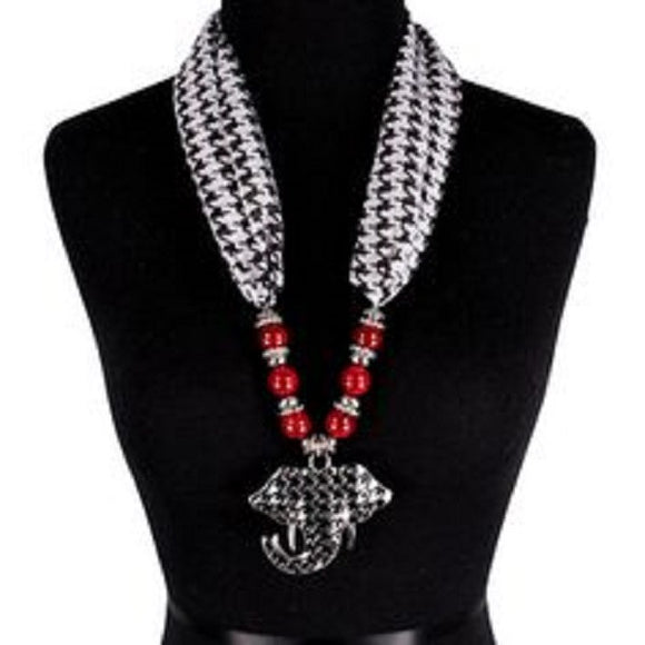 Houndstooth Scarf Necklace with Large Houndstooth Elephant Pendant and Burgundy Red Beads