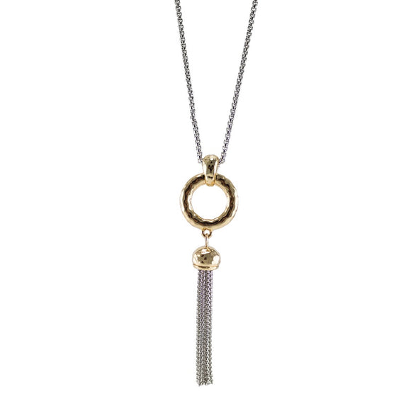 Two Tone Long Fringe Necklace with Hammered Gold Pendant ( 2855 )