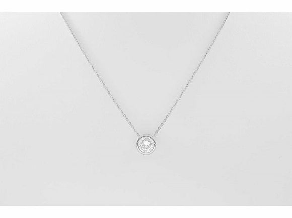White Gold Dipped and Round CZ Single Cubic Zirconia Charm Necklace ( 3006 ) - Ohmyjewelry.com