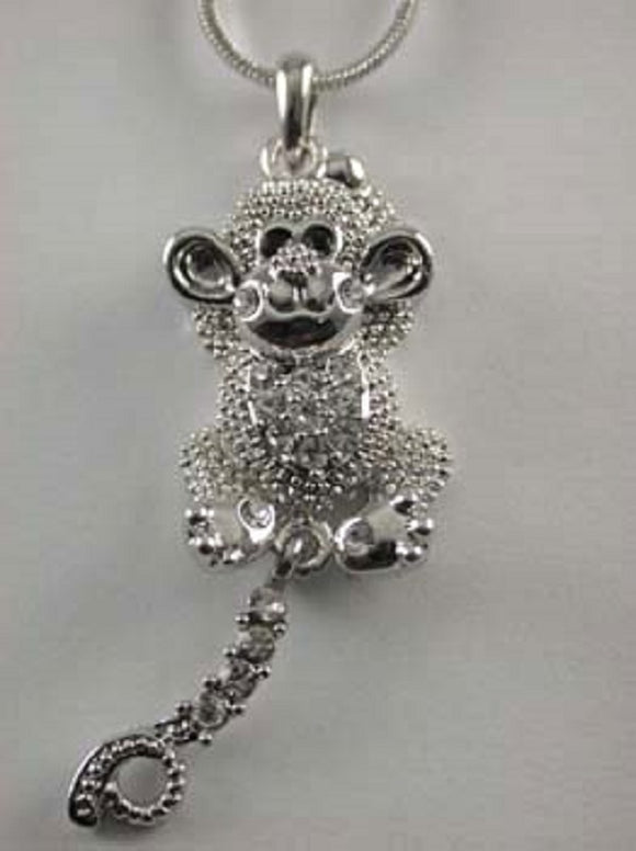Rhodium Plated Silver Necklace with Clear Monkey Charm ( 3087 )