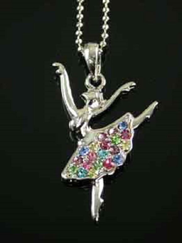 Rhodium Plated Multi Color Rhinestone Ballerina Charm Necklace ( 4146 )