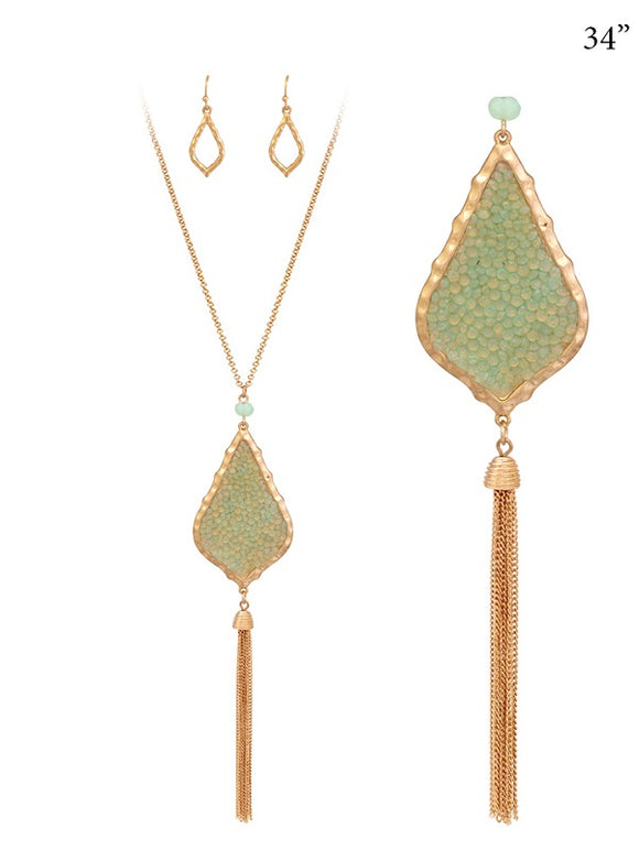 Gold Moroccan Design Teardrop Mint Druzy Style Tassel Necklace with Earrings ( 7179 )