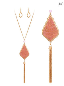 Gold Moroccan Design Teardrop Pink Druzy Style Tassel Necklace with Earrings ( 7179 )