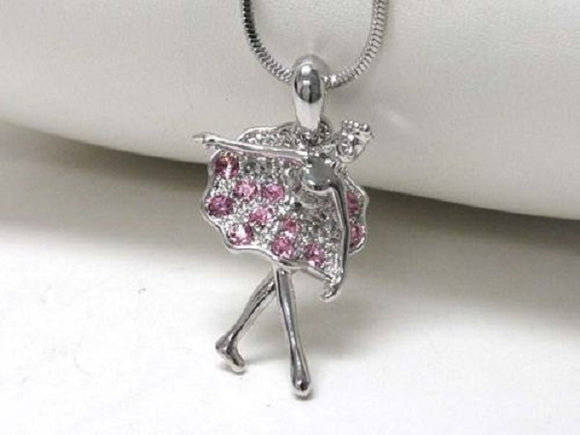 Rhodium Plated Pink Rhinestone Ballerina Charm Necklace ( 9883 )