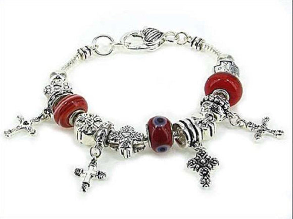 SILVER AND RED BEADED CROSS Theme Charm Bracelet ( 01027 ) - Ohmyjewelry.com