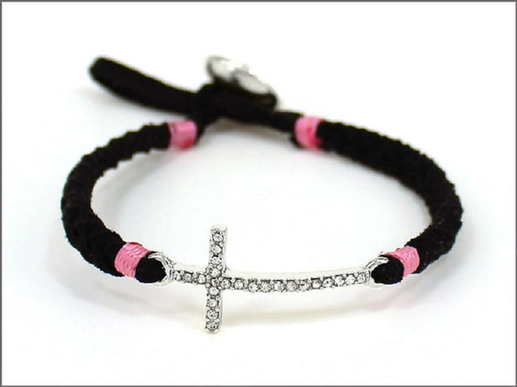 BLACK AND PINK LEATHER BRACELET WITH CROSS DESIGN ( 04536 )