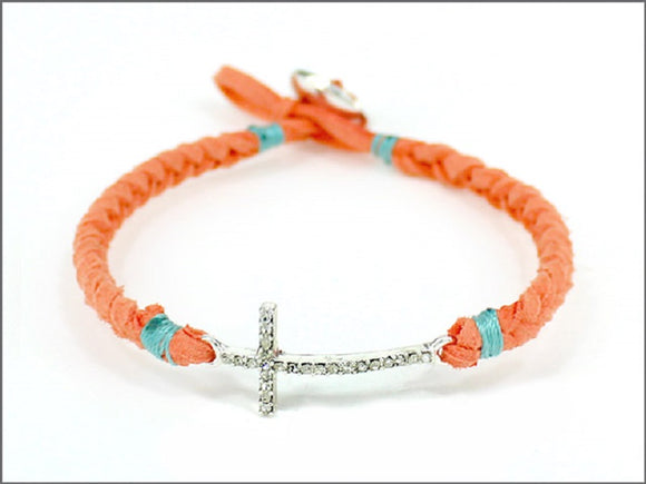 CORAL AND TURQUOISE LEATHER BRACELET WITH CROSS DESIGN ( 04536 )