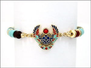 GOLD TURQUOISE BRACELET EGYPTIAN SCARAB CHARM ( 05207 AGTQS )