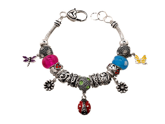 Multi Color Beaded Ladybug and Butterfly Charms Bracelet ( 07186 )