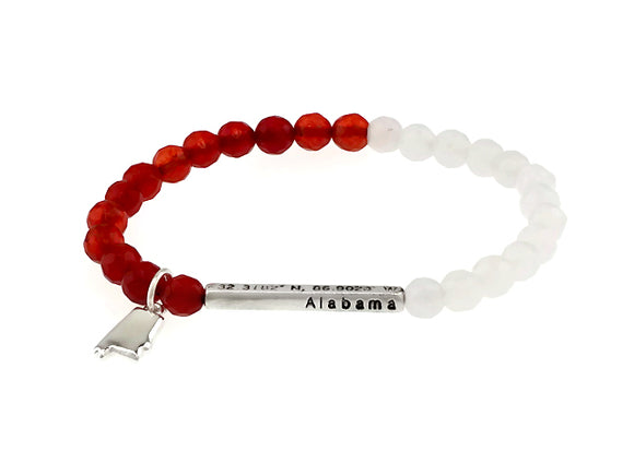 Red and White Beaded Stretch Bracelet with Alabama State Bar Location