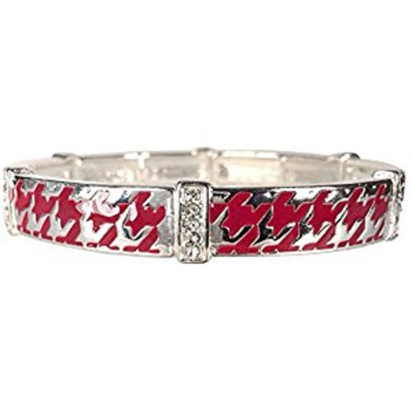 Red Houndstooth Design Stretch Bracelet with Clear Rhinestones