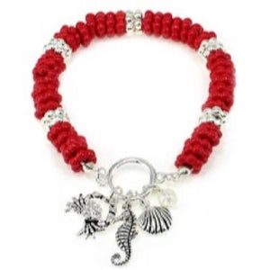 CORAL RED BEADED STRETCH BRACELET WITH SILVER SEA ANIMAL THEME CHARMS ( 06196 )
