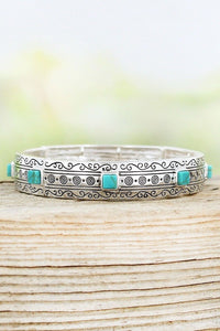 Square Turquoise and Silver Wave Design Stretch Bracelet ( 06756 )