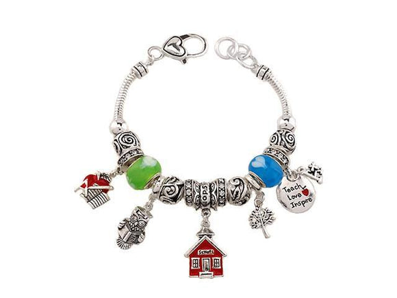Silver and Multi Color Teach Love Inspire Teacher School Charm Bracelet ( 07185 ) - Ohmyjewelry.com