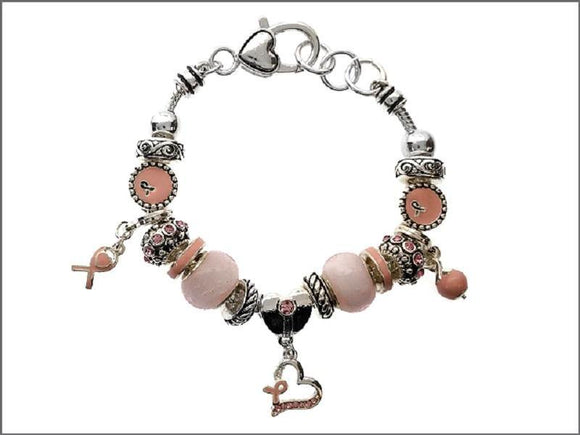 Silver and Pink Rhinestone Beaded Heart Pink Ribbon Theme Charm Bracelet ( 07812 ) - Ohmyjewelry.com