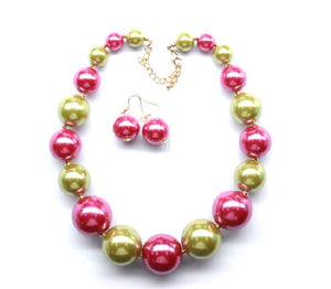Pink and Green Graduating Pearl Beaded Necklace with Earrings