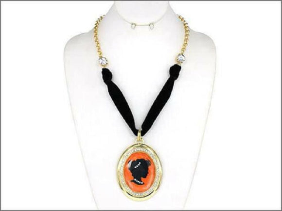 Black Velvet and Gold Chain Necklace with Oval Orange and Black Cameo Pendant ( 0453 )