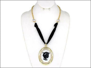 Black Velvet and Gold Chain Necklace with Oval Off White and Black Cameo Pendant ( 0453 )