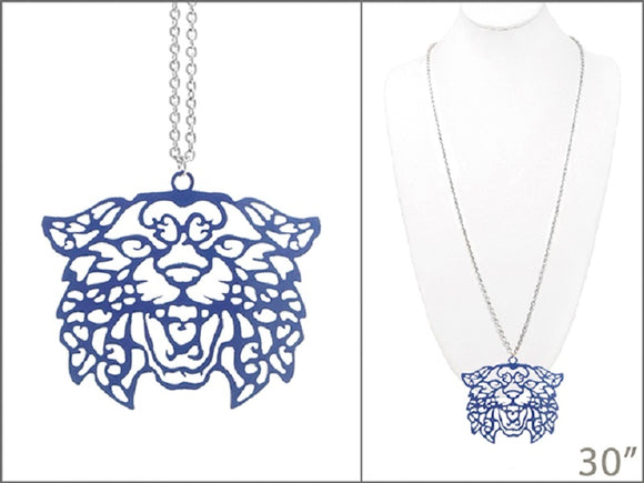 Long Silver Necklace with Blue Tiger Laser Cut Cutout Pendant ( 2026 )