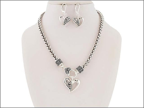 Open Filigree Heart Charm Necklace with Matching Earrings ( 04177 ) - Ohmyjewelry.com