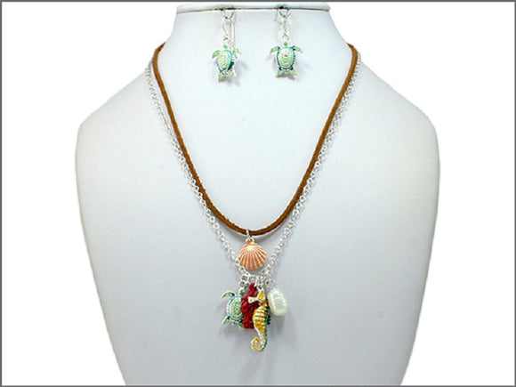 Brown Suede Necklace with Multi Color Sea Life Charms and Turtle Earrings ( 04374 )