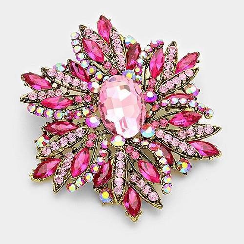 Large Pink Rhinestone Brooch WITH GOLD ACCENTS ( 1041 ) - Ohmyjewelry.com