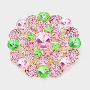 3'" GOLD PINK AND GREEN RHINESTONE FLOWER SHAPE BROOCH(P1372PKGR)