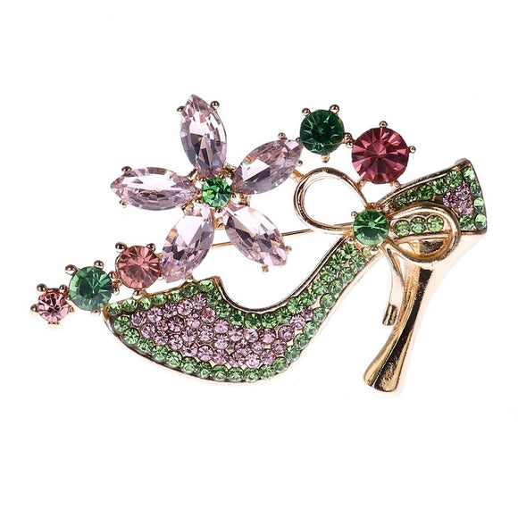 GOLD SHOE BROOCH GREEN PINK STONES ( 1384 GPK )