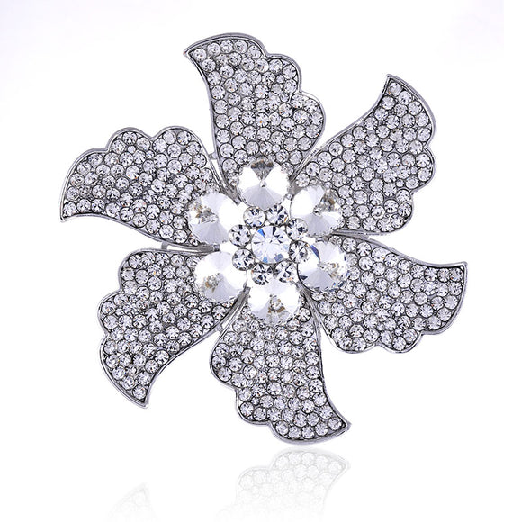 SILVER FLOWER BROOCH CLEAR STONES ( 1438 SCL )