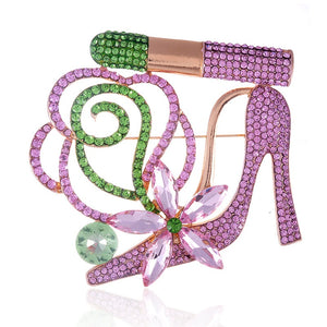 GOLD SHOE FLOWER BROOCH PINK GREEN STONES ( 1457 PNG )