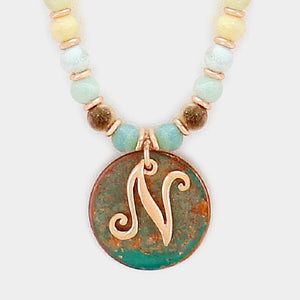 Amzonite Semi Precious Stone Beaded Necklace with Rose Gold and Silver N Monogram Initial