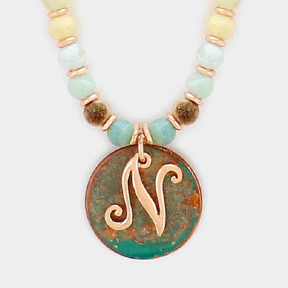 Amzonite Semi Precious Stone Beaded Necklace with Rose Gold and Silver N Monogram Initial